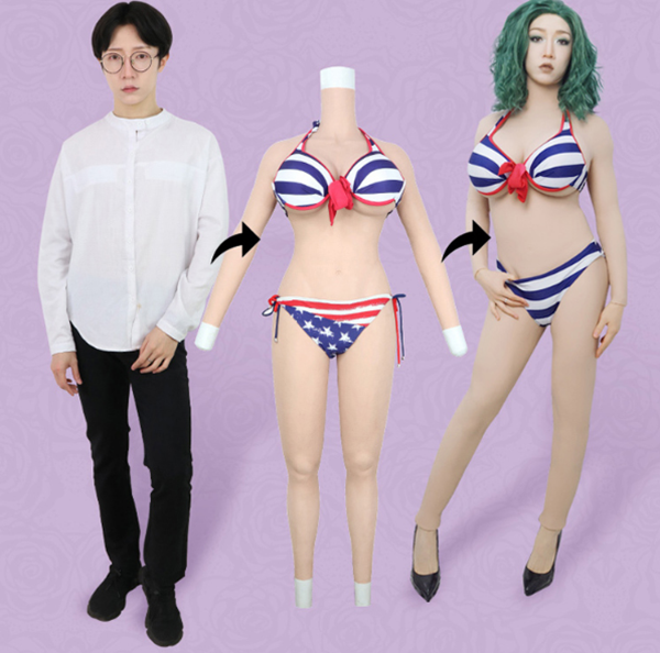 G/Hカップ　女装ボディースキン　シリコンおっぱい　巨乳愛好者向け　女装 胸 谷間　シリコンバスト　ハイネック　袖付きの全身連体九分丈　全裸スーツ　少女のお尻　ピンク唇　ペニス隠し　挿入可能　お尻　ヒップアップ　超リアル女体化 　男の娘　クロスドレス　男性　女装入門-5