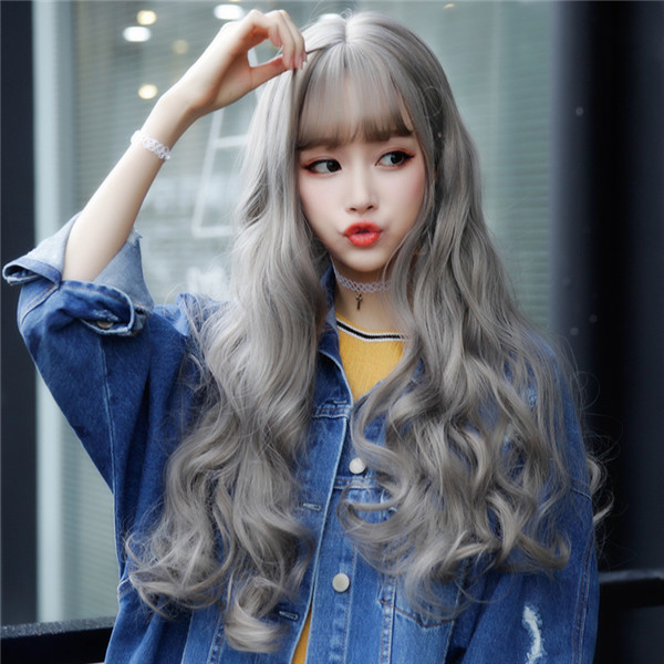 长めの前髪　ロングカール　wig　自然な質感　おしゃれ　耐熱　ネット付き-1