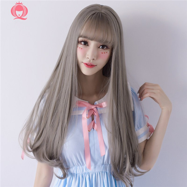 ロングカール　ぱっつん前髪　自然な質感　可愛いスタイル　人工頭皮　ネット付き　67ｃｍ　変装用小物　女装アクセサリー-1