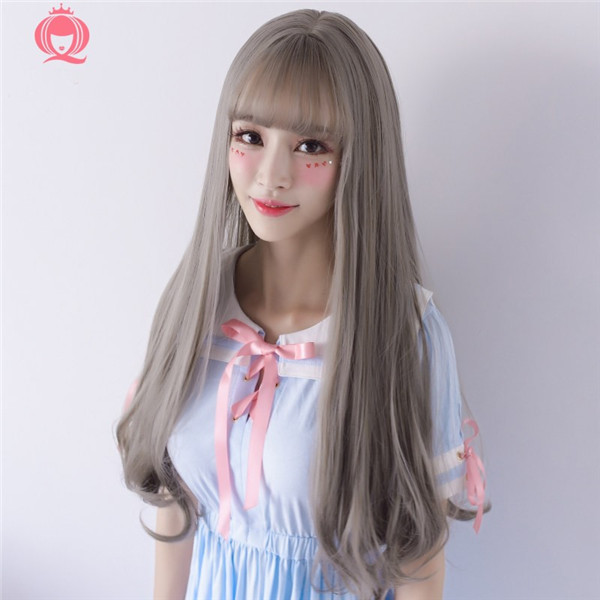 ロングカール　ぱっつん前髪　自然な質感　可愛いスタイル　人工頭皮　ネット付き　67ｃｍ　変装用小物　女装アクセサリー-2