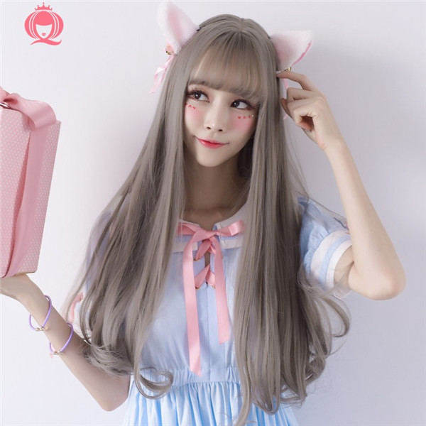 ロングカール　ぱっつん前髪　自然な質感　可愛いスタイル　人工頭皮　ネット付き　67ｃｍ　変装用小物　女装アクセサリー-3