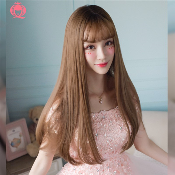 ロングカール　ぱっつん前髪　自然な質感　ウィッグレディース　人工頭皮　ネット付き　長さ62ｃｍ　変装用小物　女装アクセサリー-1