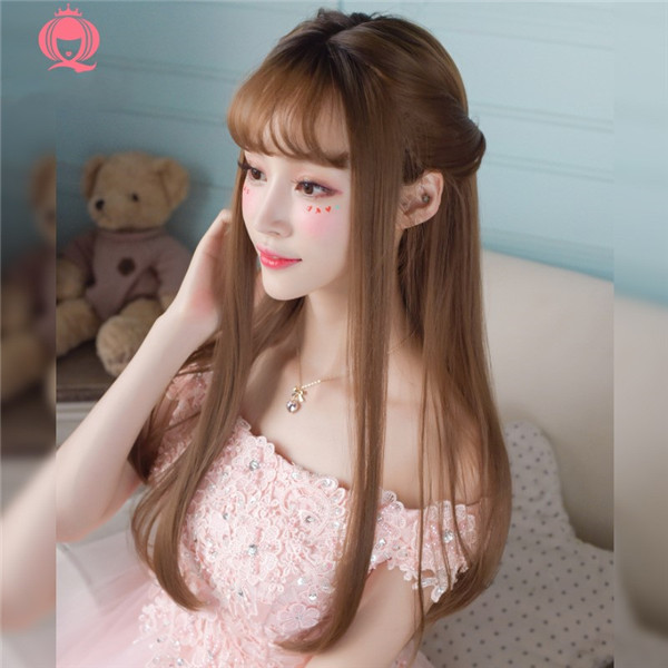 ロングカール　ぱっつん前髪　自然な質感　ウィッグレディース　人工頭皮　ネット付き　長さ62ｃｍ　変装用小物　女装アクセサリー-2