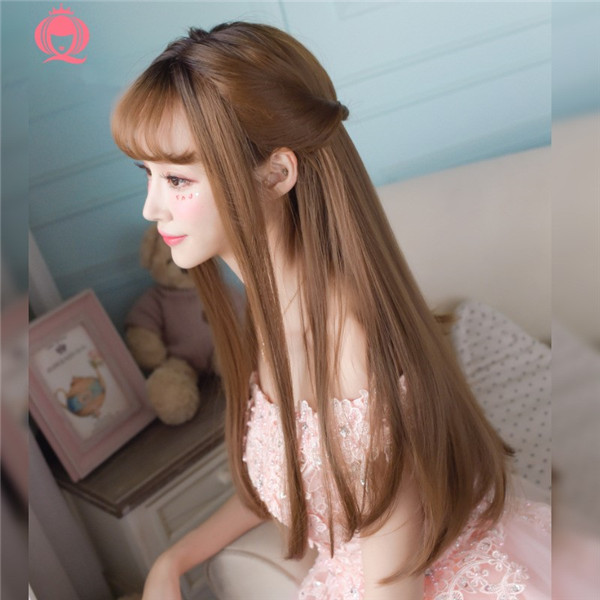 ロングカール　ぱっつん前髪　自然な質感　ウィッグレディース　人工頭皮　ネット付き　長さ62ｃｍ　変装用小物　女装アクセサリー-3
