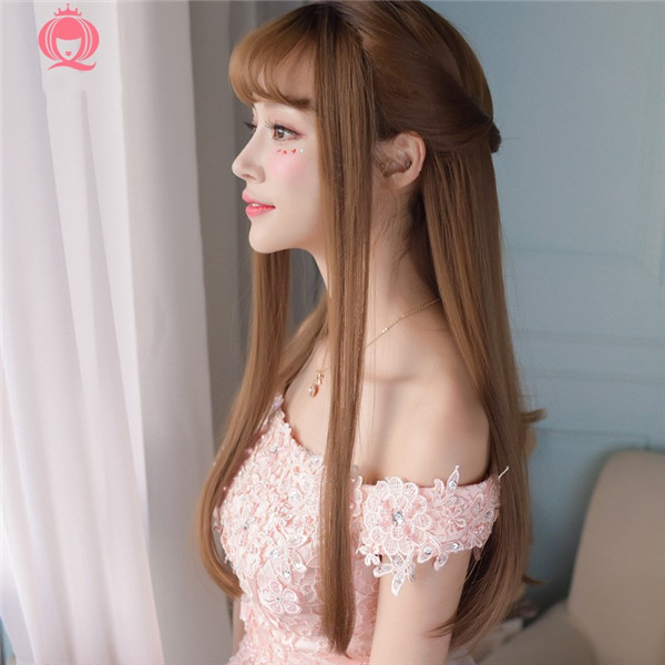 ロングカール　ぱっつん前髪　自然な質感　ウィッグレディース　人工頭皮　ネット付き　長さ62ｃｍ　変装用小物　女装アクセサリー-4