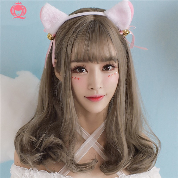 セミロング　长めの前髪　女性用　巻き髪　小顔効果　自然　かわいい姫様　ウィッグ　ネット付き　長さ42ｃｍ　女装アクセサリー-1