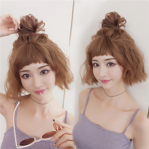 ブラウン　女性用　巻き髪　ウィッグ　自然な手触り　かわいい　つけ毛　長さ30ｃｍ　人工頭皮　耐熱　ネット付き　女装入門-4