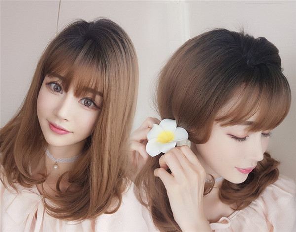 キャンディーブラウン色　かわいい姫様ウィッグ　ミディアム　かつら　ぱっつん前髪　長さ50ｃｍ　人工頭皮　耐熱　ネット付き　質感自然　違和感がないウィッグ　女装必要品-2
