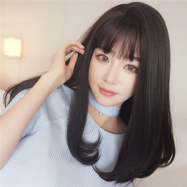 黒いカツラ　かわいい姫様ウィッグ　ミディアム　ぱっつん前髪　長さ50ｃｍ　人工頭皮　耐熱　ネット付き　質感自然　違和感がないウィッグ　女装必要品-1