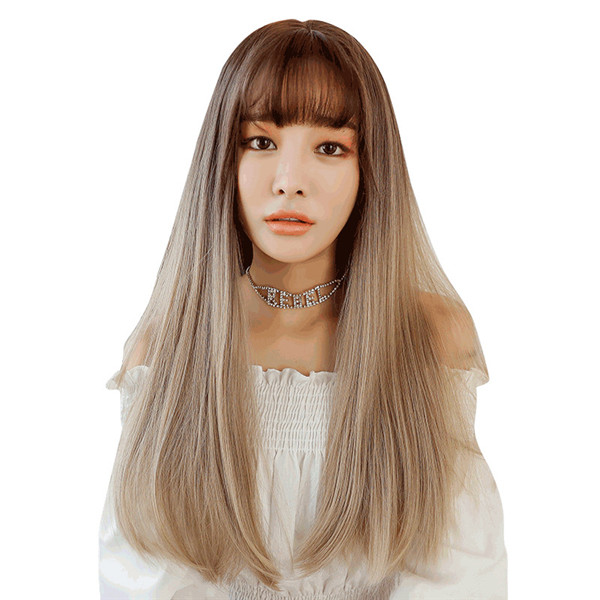浅い茶色/紫色　ストレートウィッグ　長さ67ｃｍ　人工頭皮　耐熱　ネット付き　OLスタイル　男性女装　お勧め-1