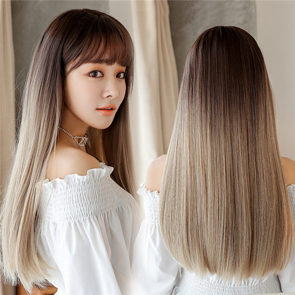 浅い茶色/紫色　ストレートウィッグ　長さ67ｃｍ　人工頭皮　耐熱　ネット付き　OLスタイル　男性女装　お勧め-2