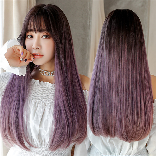 浅い茶色/紫色　ストレートウィッグ　長さ67ｃｍ　人工頭皮　耐熱　ネット付き　OLスタイル　男性女装　お勧め-3