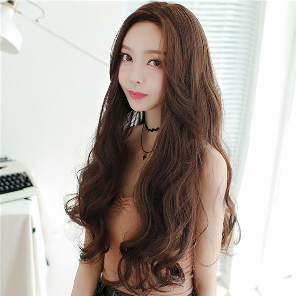 チョコレート　ロングカール　真ん中分け　かわいい姫様ウィッグ　韓国風のヘアスタイル　ファッション　ふんわり　長さ65ｃｍ　人工頭皮　耐熱　ネット付き　軽い　日常用カツラ　男の子　女装　かつら　女装体験-2