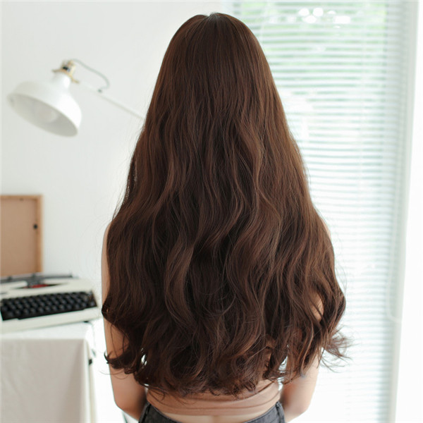 チョコレート　ロングカール　真ん中分け　かわいい姫様ウィッグ　韓国風のヘアスタイル　ファッション　ふんわり　長さ65ｃｍ　人工頭皮　耐熱　ネット付き　軽い　日常用カツラ　男の子　女装　かつら　女装体験-4