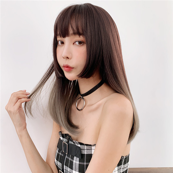ミディアム　カツラ　魅力的　ぱっつん前髪 　かわいい姫様ウィッグ　ファッション　長さ50ｃｍ　人工頭皮　耐熱　ネット付き　軽い　お手入れ簡単　日常用カツラ　男の子　女装　かつら-2