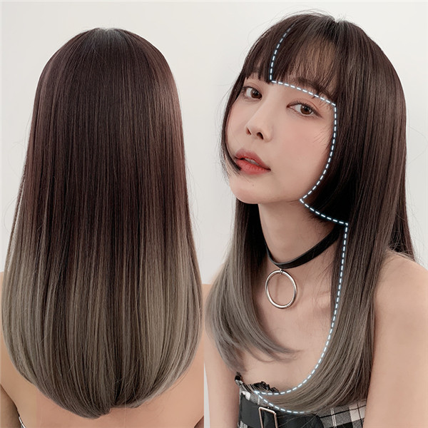 ミディアム　カツラ　魅力的　ぱっつん前髪 　かわいい姫様ウィッグ　ファッション　長さ50ｃｍ　人工頭皮　耐熱　ネット付き　軽い　お手入れ簡単　日常用カツラ　男の子　女装　かつら-3