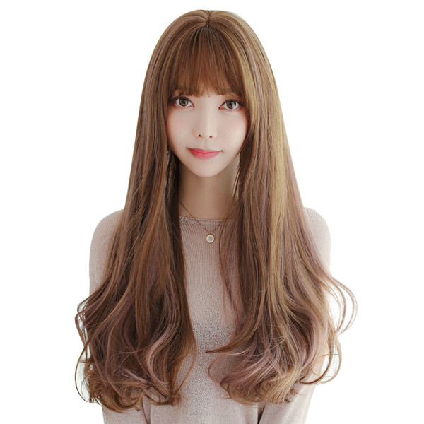 チョコレート　ロングカール　长めの前髪　ウィッグ　長さ67ｃｍ　大人可愛いかつら　小顔見せ　耐熱ファイバー　自然な手触り　人工頭皮　通気性が抜群　ネット付き　男の娘　女装変装-1