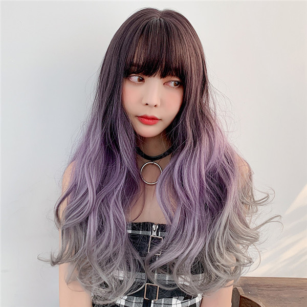 紫色　 グラデーション ウィッグ 　女性用　巻き髪　グラマラス　ファッション ふんわり　長さ65ｃｍ　耐熱ファイバー　自然な手触り　人工頭皮　通気性が抜群　ネット付き　小顔効果抜群　お手入れ簡単-1