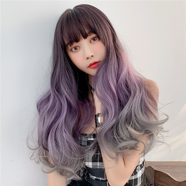 紫色　 グラデーション ウィッグ 　女性用　巻き髪　グラマラス　ファッション ふんわり　長さ65ｃｍ　耐熱ファイバー　自然な手触り　人工頭皮　通気性が抜群　ネット付き　小顔効果抜群　お手入れ簡単-2