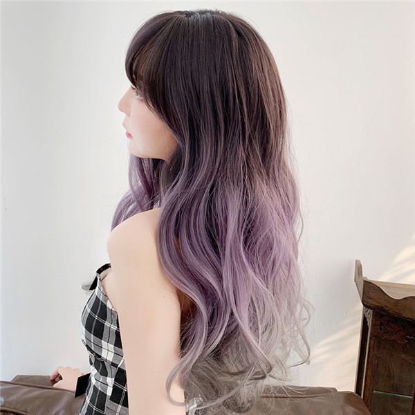 紫色　 グラデーション ウィッグ 　女性用　巻き髪　グラマラス　ファッション ふんわり　長さ65ｃｍ　耐熱ファイバー　自然な手触り　人工頭皮　通気性が抜群　ネット付き　小顔効果抜群　お手入れ簡単-3