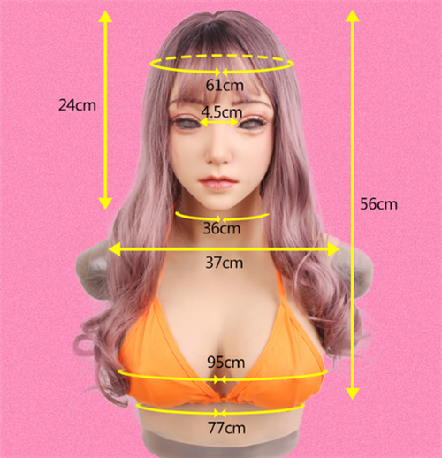 「時間限定激安特価」EMILY　フィメールマスクとシリコンおっぱい一体に　Eカップ　メイク付き　童顔巨乳　かわいい少女の顔　クロスドレス　女装レイヤー-2