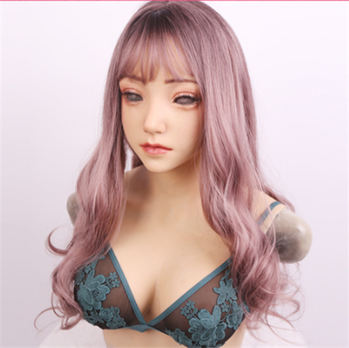 「時間限定激安特価」EMILY　フィメールマスクとシリコンおっぱい一体に　Eカップ　メイク付き　童顔巨乳　かわいい少女の顔　クロスドレス　女装レイヤー-3