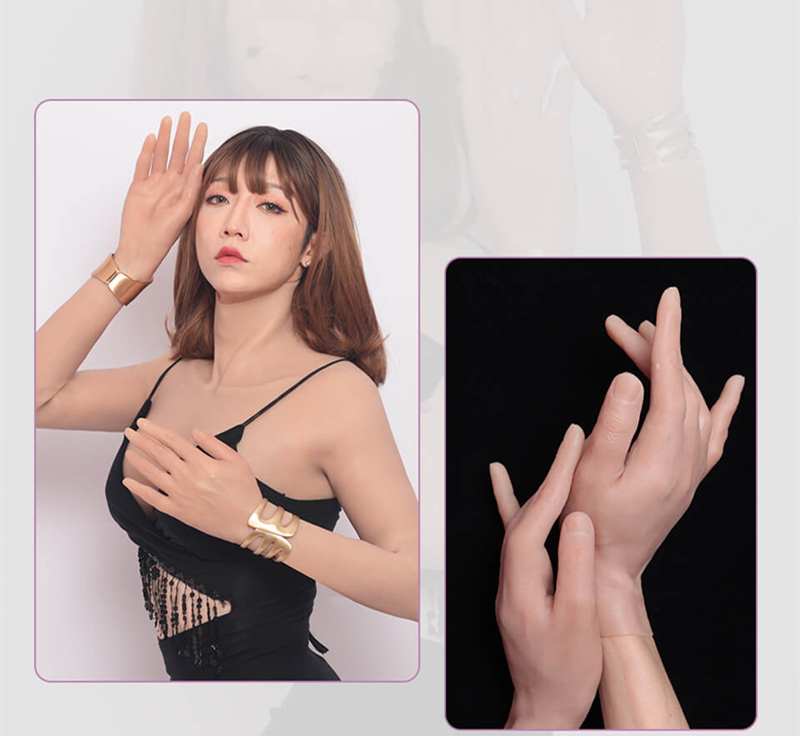 超リアル　ショートグローブ　右手+左手　柔らかい医療用シリコン素材　若い女性の手　刺青/傷跡/母斑を隠す　肌理の細かい肌　男の娘へお勧め　変装用品　通販-5