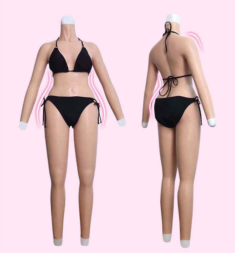 Bカップシリコン女体化スーツ　小柄向けの女装ボディースキン　シリコン充填／高弾性綿充填　ペニス隠し　挿入不可/可能　瘦せ型男子向けの袖付きの全身連体九分丈　男の娘　クロスドレス　フィメールボディスーツ-3