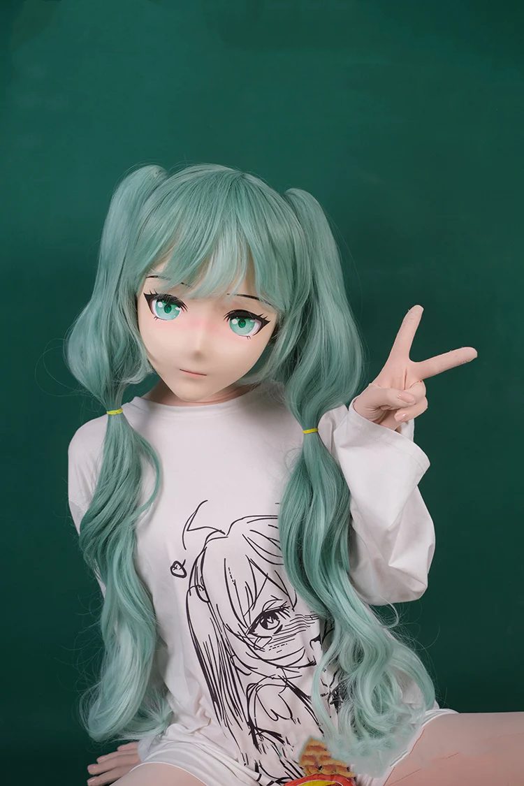 超可愛い顔!!　Type G Mint 　着ぐるみマスク＆緑色ツインテールウィッグセット　Rubberback　サイズオーダーメイド　正規品保証　大人気Kigurumi Mask　河妖工房製品　全国送料無料-3