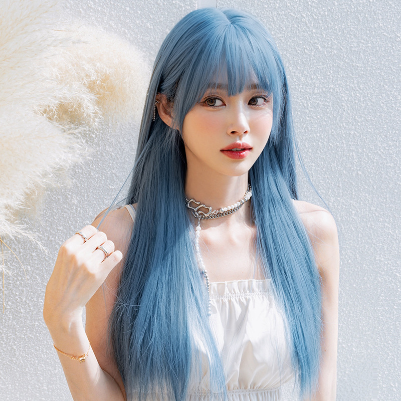 高品質　ストレートヘア　ブルー　レディース　フルウィッグ　ロング　長さ61cm　人工頭皮　通気性が抜群　ヘアネット付き　自然　普段使い　Lolita　男の娘　女装体験用ウイッグ　お勧め-3
