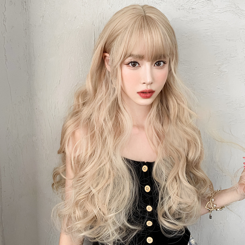 高品質　金髪　レディース　フルウィッグ　ロング　カール　長さ60cm　人工頭皮　通気性が抜群　ヘアネット付き　自然　普段使い　男の娘　女装体験用ウイッグ　お勧め-1