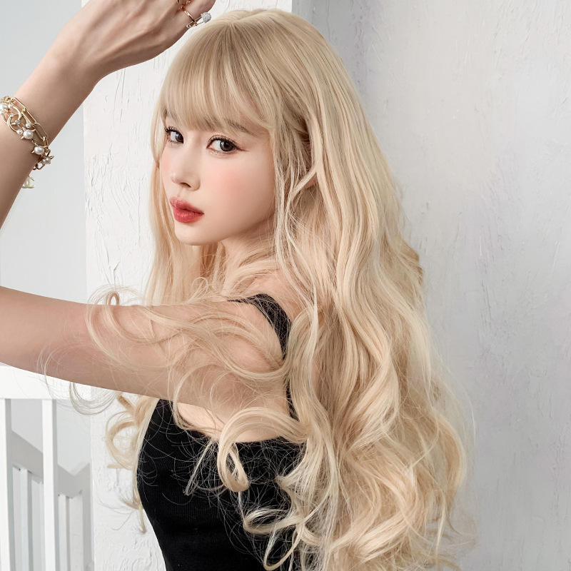 高品質　金髪　レディース　フルウィッグ　ロング　カール　長さ60cm　人工頭皮　通気性が抜群　ヘアネット付き　自然　普段使い　男の娘　女装体験用ウイッグ　お勧め-4