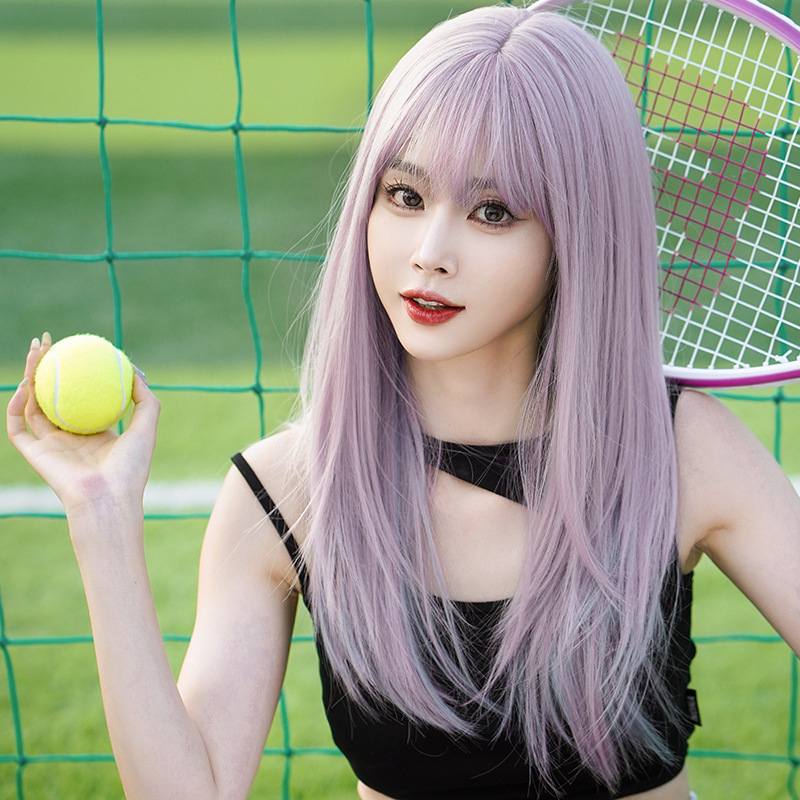 大人気　少女感　ピンク＆紫色　レディース　フルウィッグ　ロング　ストレートヘア　長さ60cm　人工頭皮　通気性が抜群　ヘアネット付き　自然　普段使い　男の娘　女装体験用ウイッグ　お勧め-1
