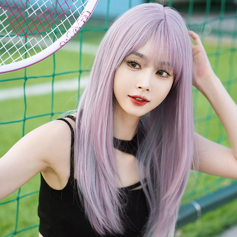 大人気　少女感　ピンク＆紫色　レディース　フルウィッグ　ロング　ストレートヘア　長さ60cm　人工頭皮　通気性が抜群　ヘアネット付き　自然　普段使い　男の娘　女装体験用ウイッグ　お勧め-4