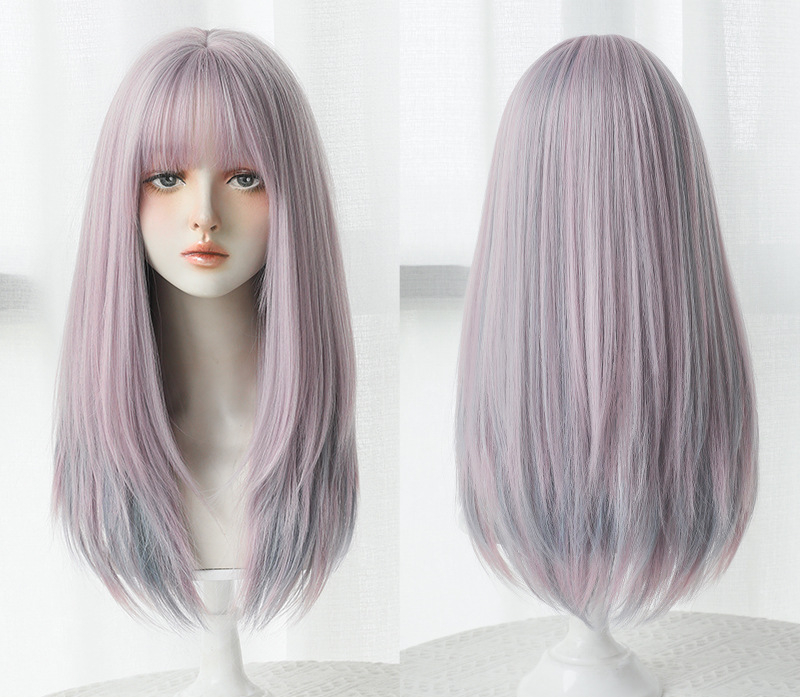 大人気　少女感　ピンク＆紫色　レディース　フルウィッグ　ロング　ストレートヘア　長さ60cm　人工頭皮　通気性が抜群　ヘアネット付き　自然　普段使い　男の娘　女装体験用ウイッグ　お勧め-5
