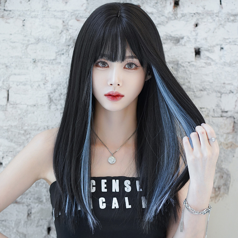 大人気　ブラック＆ブルー　フルウィッグ　レディース　ストレートヘア　ロング 　長さ57cm　人工頭皮　通気性が抜群　ヘアネット付き　かつら　自然　普段使い　男の娘　女装体験用ウイッグ　お勧め-1