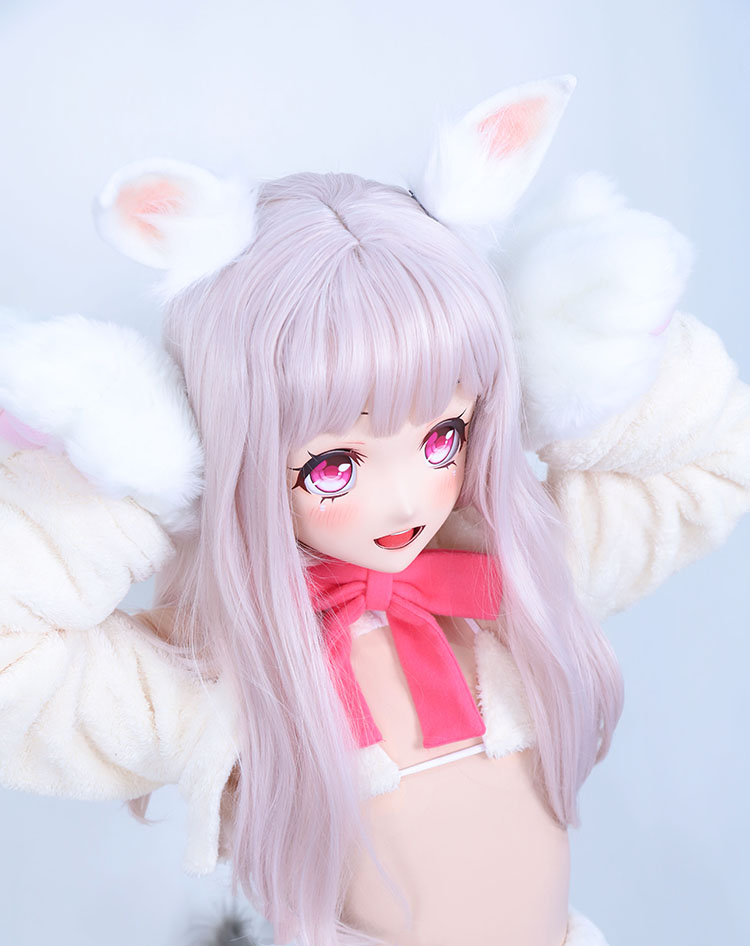 大人気Kigurumi Mask　河妖工房製品　MD02 TT　超可愛い顔　桃ちゃん　3/4Kigurumi Mask　ピンク色/黄色瞳　着ぐるみマスク＆画像と同じ専用ウィッグセット　サイズオーダーメイド　正規品保証　全国送料無料5