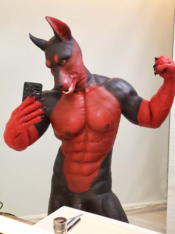 ASTRO　獣人変身　シリコン筋肉スーツ　犬のマスク＆袖付き偽腹筋＆男性器付きロングパンツ＆手袋＆足袋セット-7