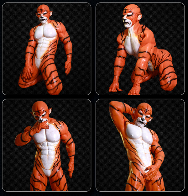 赤虎　獣人変身　シリコン筋肉スーツ　オスケモ　虎のマスク＆袖付き偽腹筋＆ロングパンツ＆手袋＆足袋セット-2