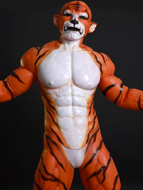 赤虎　獣人変身　シリコン筋肉スーツ　オスケモ　虎のマスク＆袖付き偽腹筋＆ロングパンツ＆手袋＆足袋セット-4