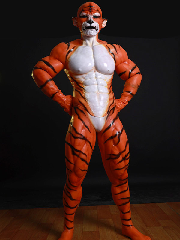 赤虎　獣人変身　シリコン筋肉スーツ　オスケモ　虎のマスク＆袖付き偽腹筋＆ロングパンツ＆手袋＆足袋セット-6