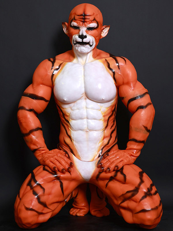 赤虎　獣人変身　シリコン筋肉スーツ　オスケモ　虎のマスク＆袖付き偽腹筋＆ロングパンツ＆手袋＆足袋セット-7