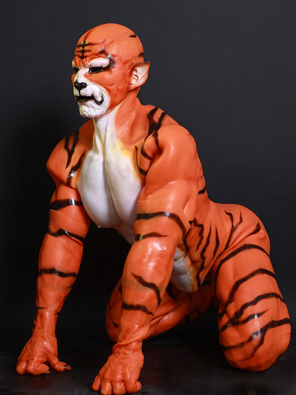 赤虎　獣人変身　シリコン筋肉スーツ　オスケモ　虎のマスク＆袖付き偽腹筋＆ロングパンツ＆手袋＆足袋セット-8