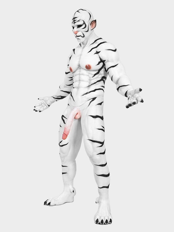 白虎　獣人変身　シリコン筋肉スーツ　虎のマスク＆袖付き偽腹筋＆男性器付きロングパンツ＆手袋＆足袋セット-9