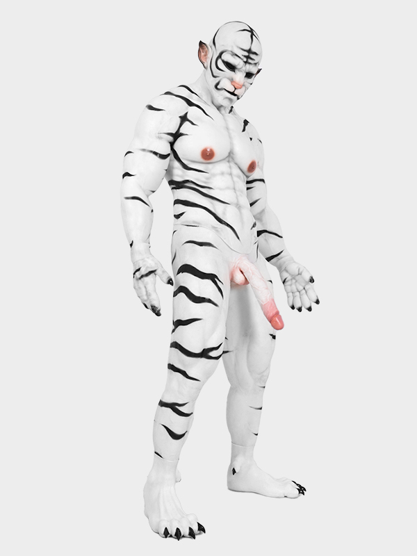 白虎　獣人変身　シリコン筋肉スーツ　虎のマスク＆袖付き偽腹筋＆男性器付きロングパンツ＆手袋＆足袋セット-8