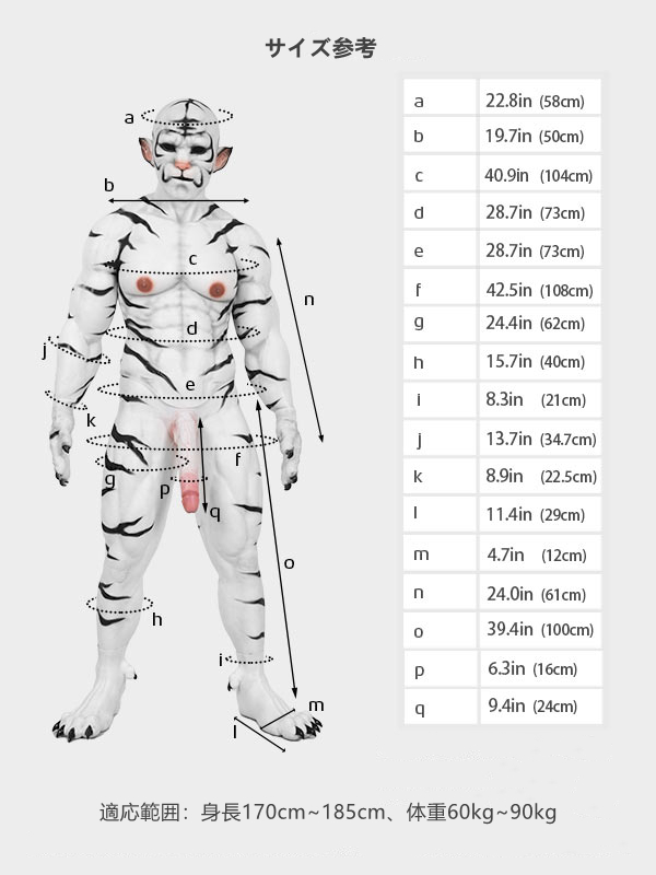 白虎　獣人変身　シリコン筋肉スーツ　虎のマスク＆袖付き偽腹筋＆男性器付きロングパンツ＆手袋＆足袋セット11