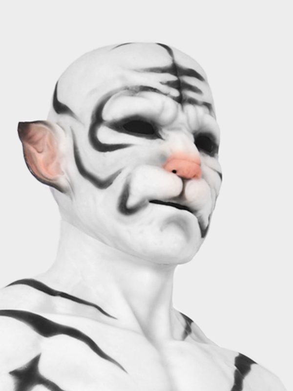 白虎　獣人変身　シリコン筋肉スーツ　虎のマスク＆袖付き偽腹筋＆男性器付きロングパンツ＆手袋＆足袋セット-12