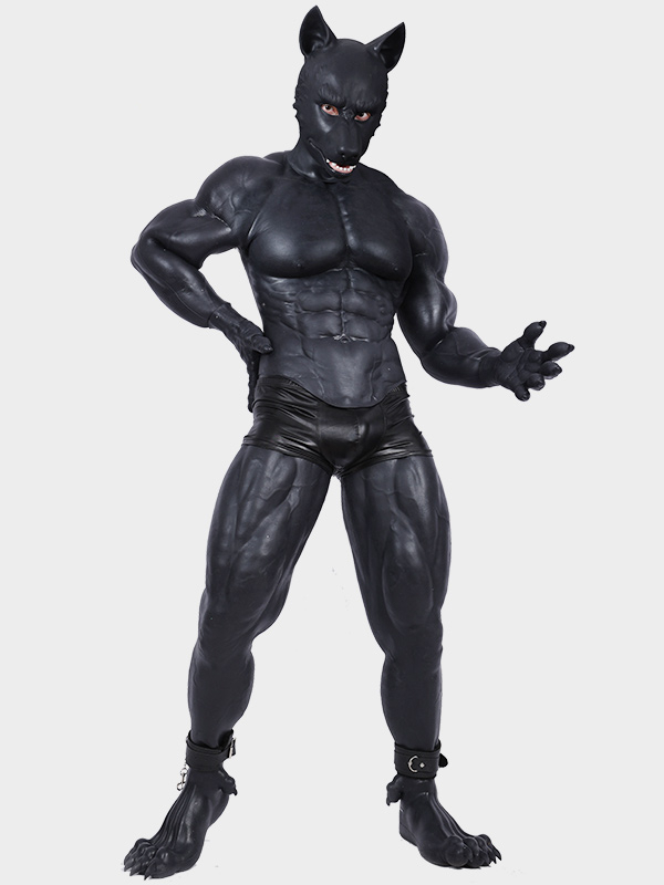 黒犬　獣人変身スーツ　シリコン製　犬のマスクA/B＆袖付き偽腹筋＆ロングパンツ＆手袋＆足袋1