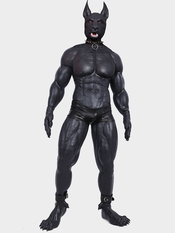 黒犬　獣人変身スーツ　シリコン製　犬のマスクA/B＆袖付き偽腹筋＆ロングパンツ＆手袋＆足袋3