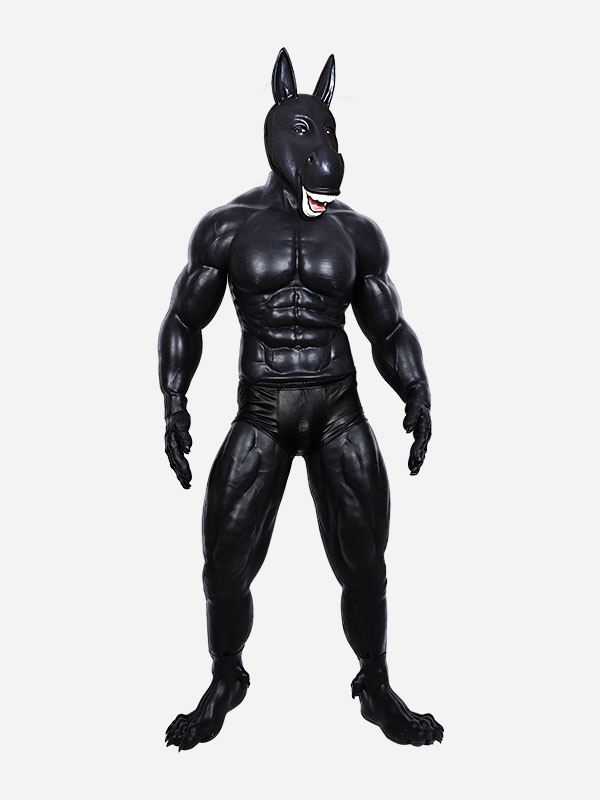 黒驢馬　獣人変身コスプレ　驢馬のマスク＆袖付き偽腹筋＆ロングパンツ＆手袋＆足袋セット　動物筋肉シリコンスーツ　面白い道具-3